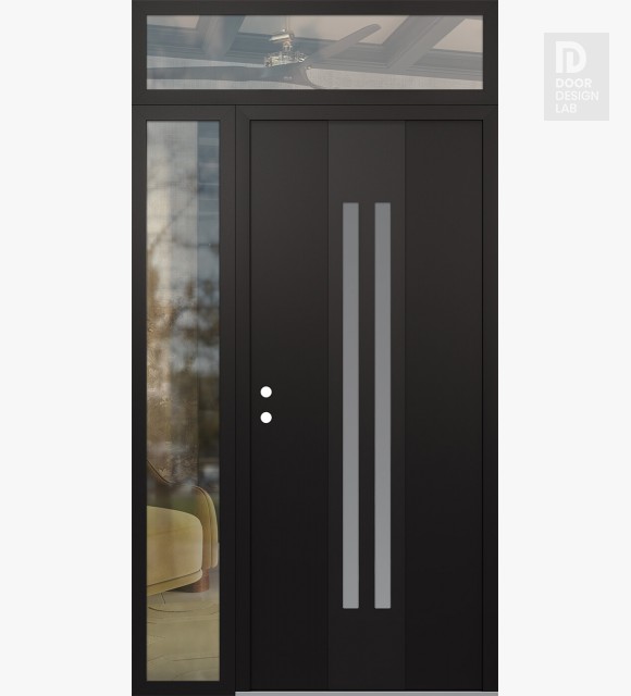 Modern Steel Front Door DIAMOND A8 48" X 96" BLACK/WHITE FROSTED GLASS PANEL BLACK RHI WITH SIDELITE AND TRANSOM CLEAR GLASS
