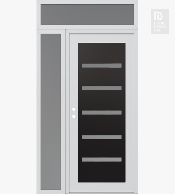 Modern Steel Front Door Diamond C7 48" x 96" white/white frosted Glass Panel black RHI with Sidelite and Transom frosted Glass