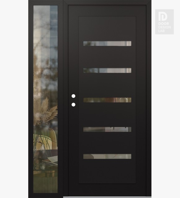 Modern Steel Front Door Diamond C7 50" x 80" black/black clear Glass Panel black RHI with Sidelite clear Glass