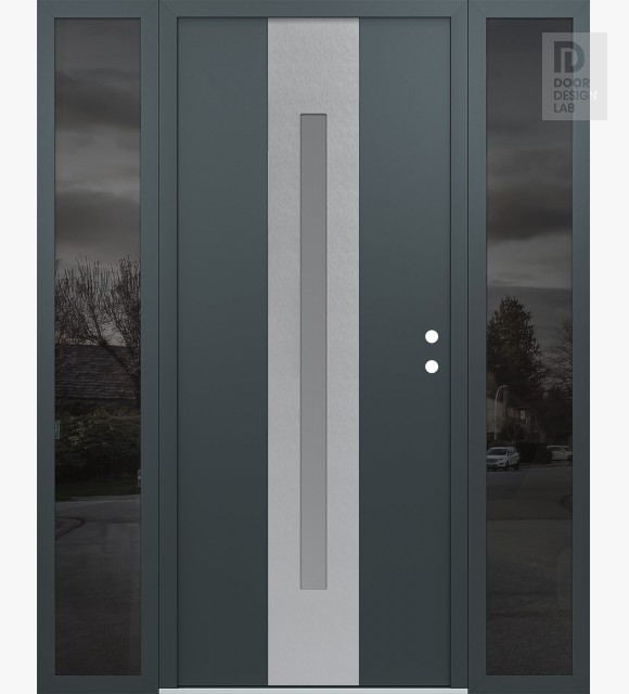 Modern Steel Front Door DIAMOND A2 64" X 80" ANTHRACITE/ANTHRACITE FROSTED GLASS PANEL STAINLESS STEEL LHI WITH 2 SIDELITES MIRRORED GLASS