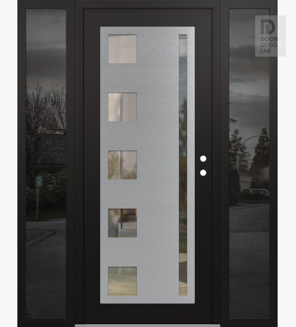 Modern Steel Front Door Diamond C3 60" x 80" black/black clear Glass Panel stainless steel LHI with 2 Sidelites mirrored Glass