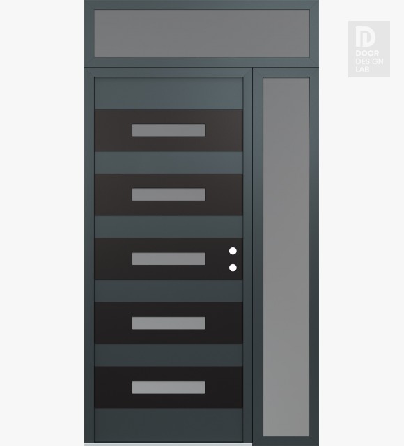 Modern Steel Front Door Diamond D9 50" x 96" anthracite/anthracite frosted Glass Panel black LHI with Sidelite and Transom frosted Glass