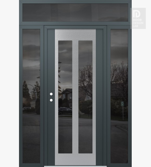 Modern Steel Front Door Diamond C14 68" x 96" anthracite/anthracite mirrored Glass Panel stainless steel RHI with 2 Sidelites and Transom mirrored Glass