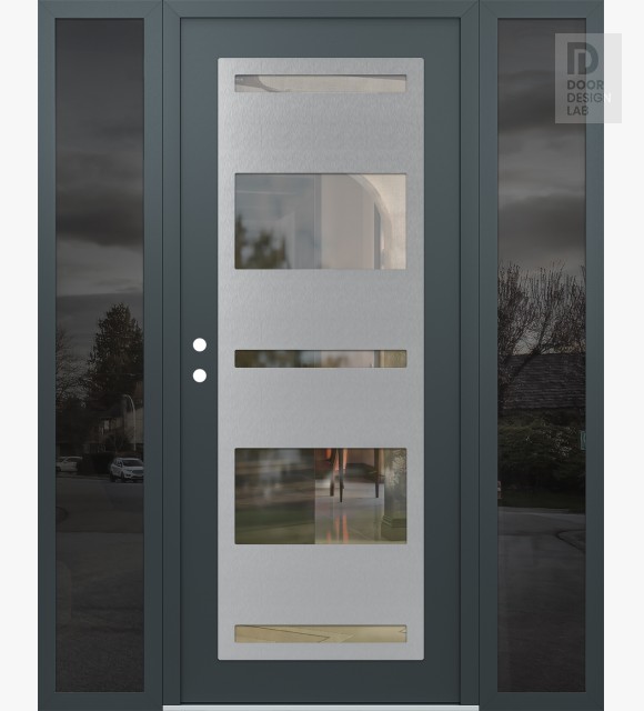 Modern Steel Front Door Diamond C10 64" x 80" anthracite/anthracite clear Glass Panel stainless steel RHI with 2 Sidelites mirrored Glass