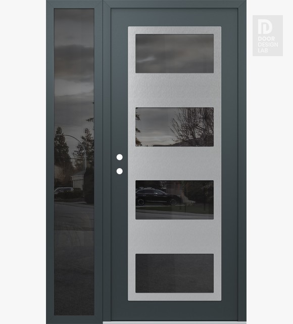 Modern Steel Front Door Diamond C2 48" x 80" anthracite/anthracite mirrored Glass Panel stainless steel RHI with Sidelite mirrored Glass