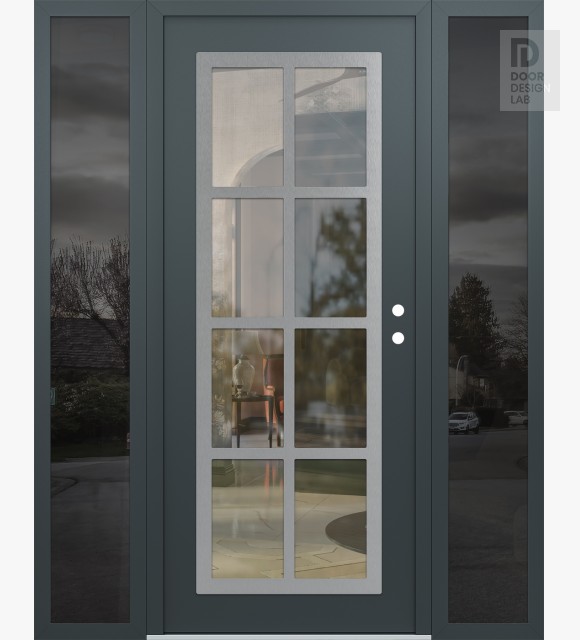Modern Steel Front Door Diamond C16 64" x 80" anthracite/anthracite clear Glass Panel stainless steel LHI with 2 Sidelites mirrored Glass