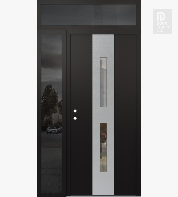 Modern Steel Front Door DIAMOND A6 48" X 96" BLACK/BLACK CLEAR GLASS PANEL STAINLESS STEEL RHI WITH SIDELITE AND TRANSOM MIRRORED GLASS