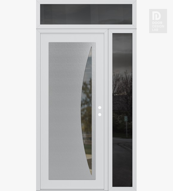Modern Steel Front Door Diamond C13 50" x 96" white/white clear Glass Panel stainless steel LHI with Sidelite and Transom mirrored Glass