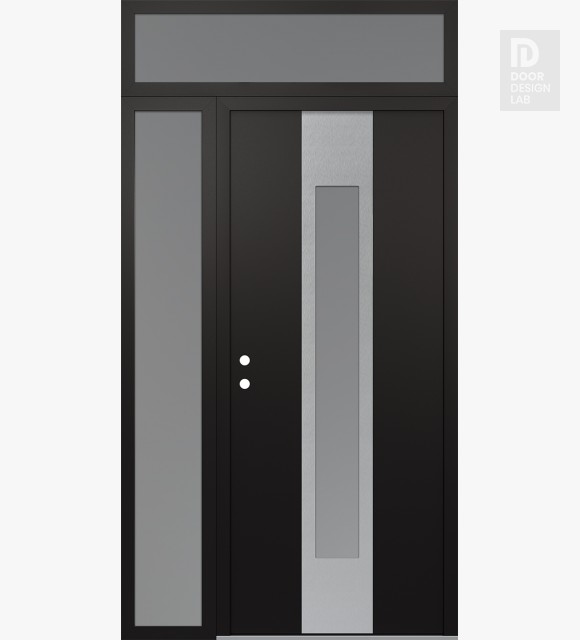 Modern Steel Front Door DIAMOND A1 48" X 96" BLACK/WHITE FROSTED GLASS PANEL STAINLESS STEEL RHI WITH SIDELITE AND TRANSOM FROSTED GLASS