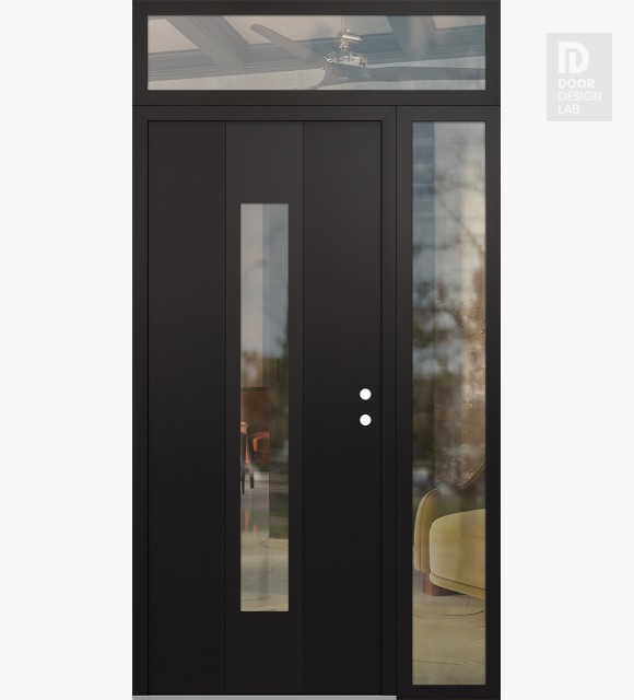 Modern Steel Front Door DIAMOND A1 48" X 96" BLACK/BLACK CLEAR GLASS PANEL BLACK LHI WITH SIDELITE AND TRANSOM CLEAR GLASS