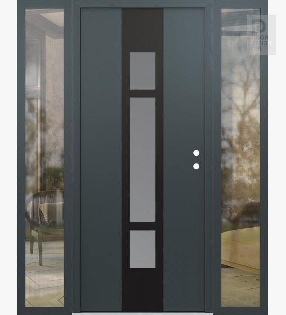 Modern Steel Front Door DIAMOND A9 60" X 80" ANTHRACITE/ANTHRACITE FROSTED GLASS PANEL BLACK LHI WITH 2 SIDELITES CLEAR GLASS