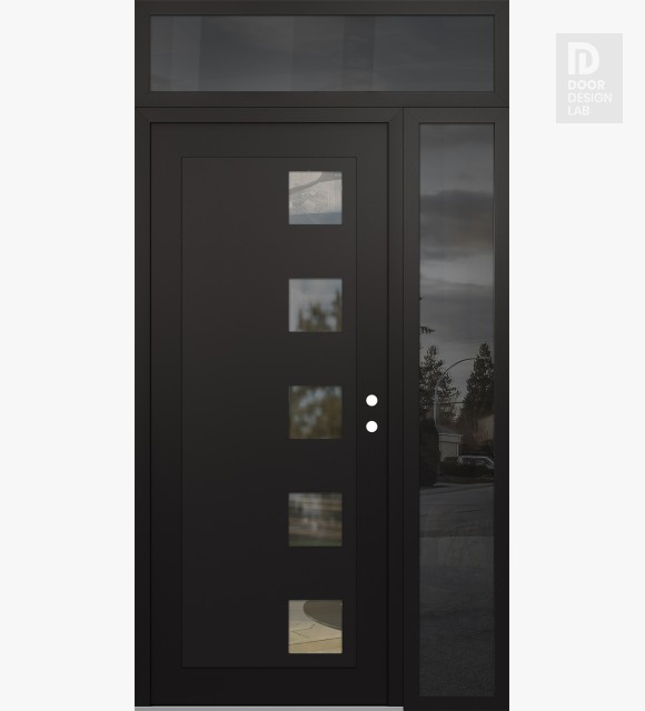 Modern Steel Front Door Diamond C5 50" x 96" black/black clear Glass Panel black LHI with Sidelite and Transom mirrored Glass