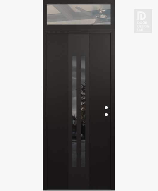 Modern Steel Front Door DIAMOND A8 36" X 96" BLACK/BLACK MIRRORED GLASS PANEL BLACK LHI WITH TRANSOM CLEAR GLASS
