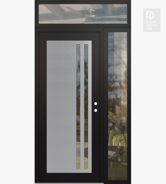 Modern Steel Front Door Diamond C6 50" x 96" black/black clear Glass Panel stainless steel LHI with Sidelite and Transom clear Glass
