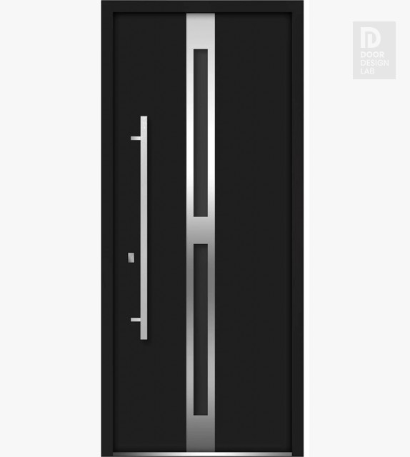 Front Exterior Prehung Steel Door / Deux 1755 Black Enamel / Stainless Inserts Single Modern Painted-W36" x H80"-Right-hand Inswing