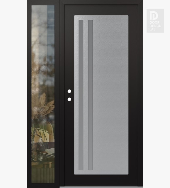 Modern Steel Front Door Diamond C6 52" x 80" black/white frosted Glass Panel stainless steel RHI with Sidelite clear Glass
