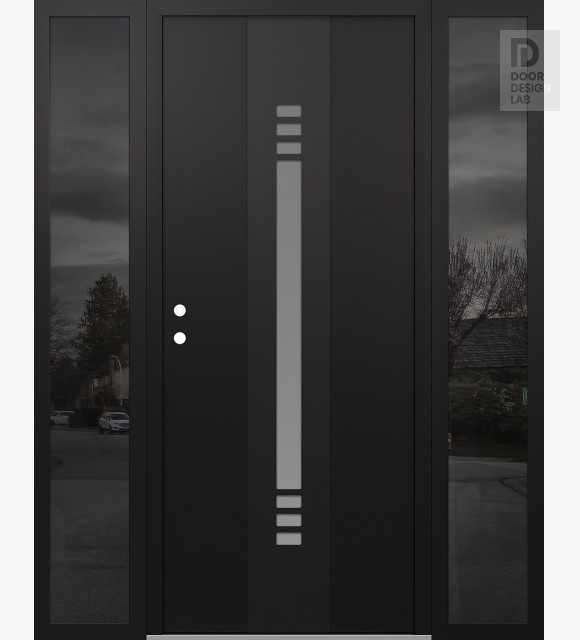 Modern Steel Front Door DIAMOND A5 68" X 80" BLACK/WHITE FROSTED GLASS PANEL BLACK RHI WITH 2 SIDELITES MIRRORED GLASS