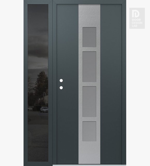 Modern Steel Front Door DIAMOND A10 50" X 80" ANTHRACITE/ANTHRACITE FROSTED GLASS PANEL STAINLESS STEEL RHI WITH SIDELITE MIRRORED GLASS