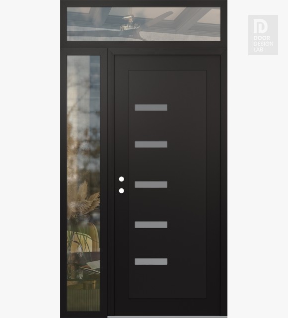 Modern Steel Front Door Diamond C8 52" x 96" black/white frosted Glass Panel black RHI with Sidelite and Transom clear Glass