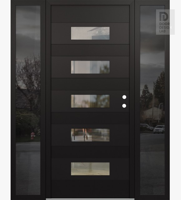 Modern Steel Front Door Diamond D5 68" x 80" black/black clear Glass Panel black LHI with 2 Sidelites mirrored Glass
