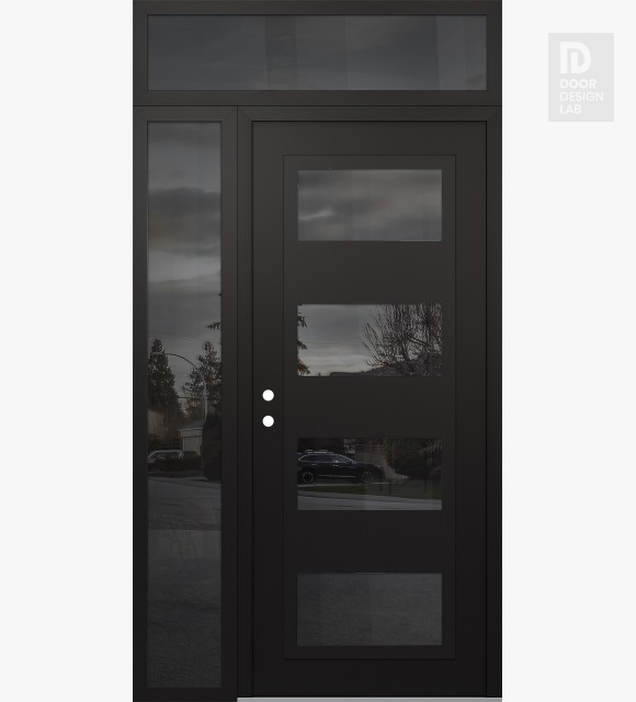 Modern Steel Front Door Diamond C2 48" x 96" black/black mirrored Glass Panel black RHI with Sidelite and Transom mirrored Glass