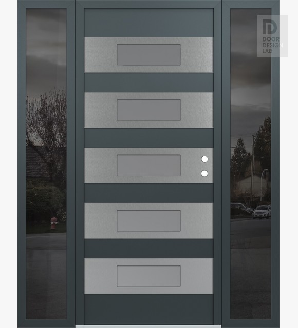 Modern Steel Front Door Diamond D5 60" x 80" anthracite/anthracite frosted Glass Panel stainless steel LHI with 2 Sidelites mirrored Glass