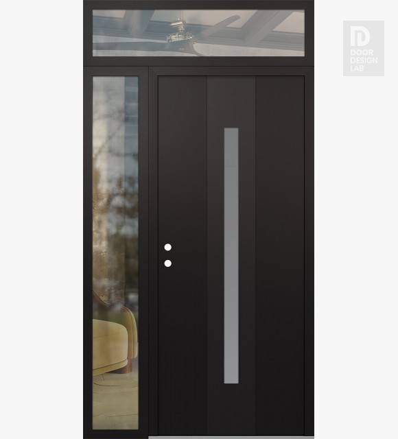 Modern Steel Front Door DIAMOND A2 50" X 96" BLACK/WHITE FROSTED GLASS PANEL BLACK RHI WITH SIDELITE AND TRANSOM CLEAR GLASS