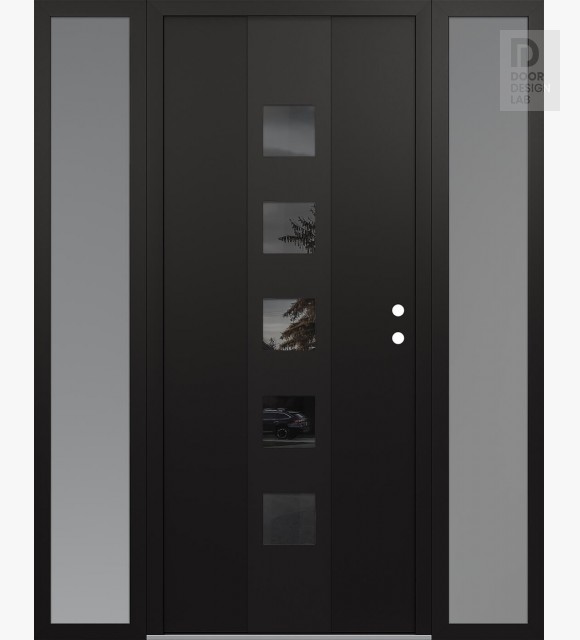 Modern Steel Front Door DIAMOND A13 68" X 80" BLACK/BLACK MIRRORED GLASS PANEL BLACK LHI WITH 2 SIDELITES FROSTED GLASS