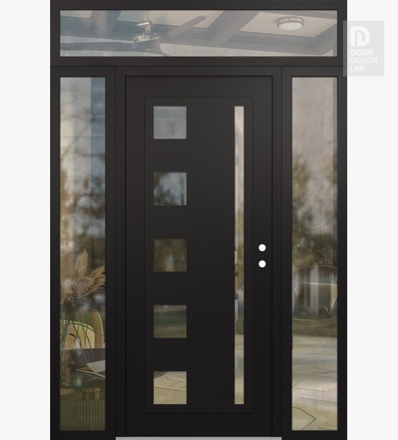 Modern Steel Front Door Diamond C3 64" x 96" black/black clear Glass Panel black LHI with 2 Sidelites and Transom clear Glass