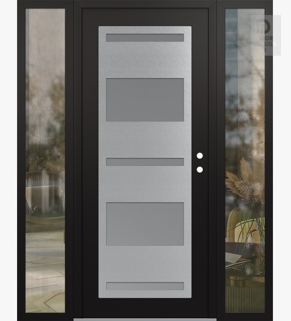 Modern Steel Front Door Diamond C10 64" x 80" black/white frosted Glass Panel stainless steel LHI with 2 Sidelites clear Glass