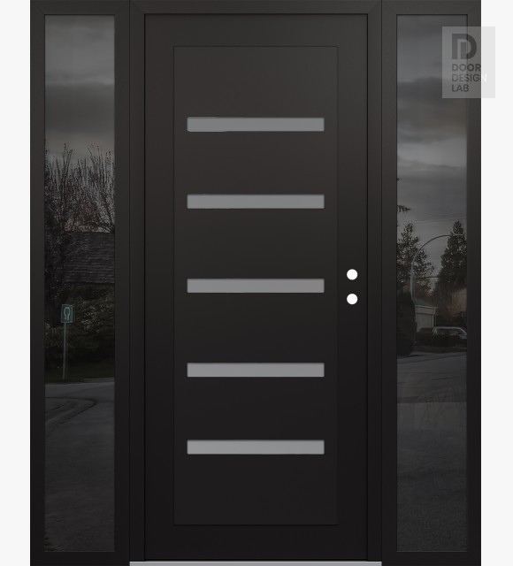 Modern Steel Front Door Diamond C7 68" x 80" black/white frosted Glass Panel black LHI with 2 Sidelites mirrored Glass