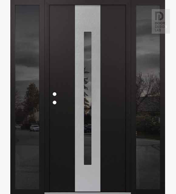 Modern Steel Front Door DIAMOND A2 60" X 80" BLACK/BLACK MIRRORED GLASS PANEL STAINLESS STEEL RHI WITH 2 SIDELITES MIRRORED GLASS