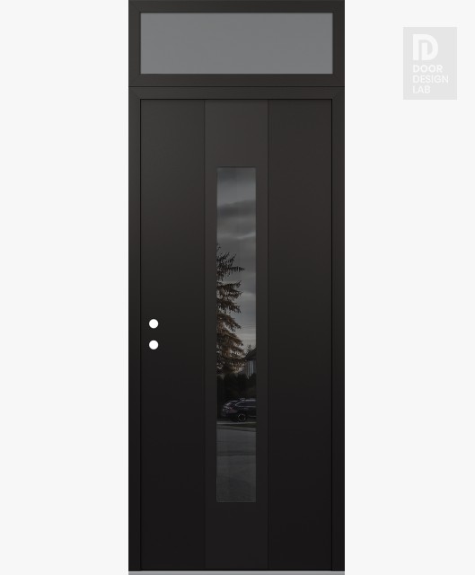 Modern Steel Front Door DIAMOND A1 36" X 96" BLACK/BLACK MIRRORED GLASS PANEL BLACK RHI WITH TRANSOM FROSTED GLASS