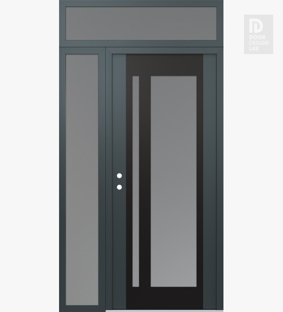 Modern Steel Front Door Diamond C15 48" x 96" anthracite/anthracite frosted Glass Panel black RHI with Sidelite and Transom frosted Glass