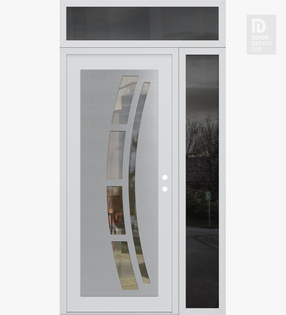 Modern Steel Front Door Diamond C12 50" x 96" white/white clear Glass Panel stainless steel LHI with Sidelite and Transom mirrored Glass