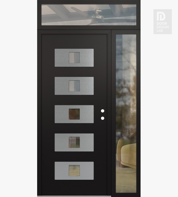 Modern Steel Front Door Diamond D8 50" x 96" black/black clear Glass Panel stainless steel LHI with Sidelite and Transom clear Glass