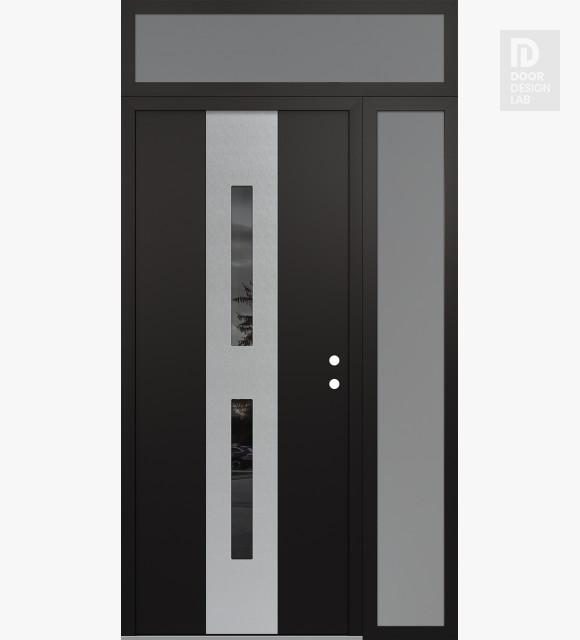 Modern Steel Front Door DIAMOND A6 52" X 96" BLACK/BLACK MIRRORED GLASS PANEL STAINLESS STEEL LHI WITH SIDELITE AND TRANSOM FROSTED GLASS