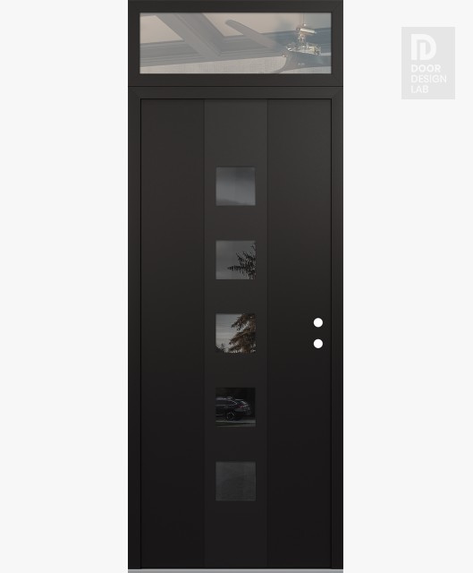 Modern Steel Front Door DIAMOND A13 36" X 96" BLACK/BLACK MIRRORED GLASS PANEL BLACK LHI WITH TRANSOM CLEAR GLASS