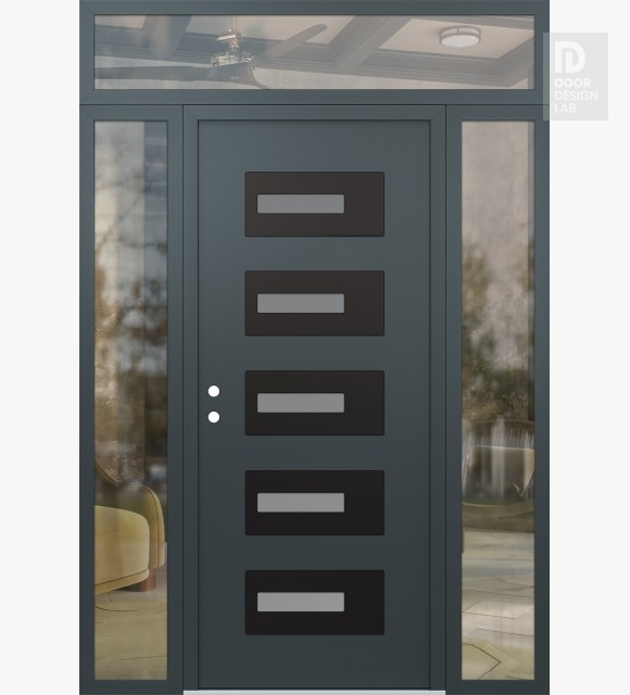 Modern Steel Front Door Diamond D6 64" x 96" anthracite/anthracite frosted Glass Panel black RHI with 2 Sidelites and Transom clear Glass