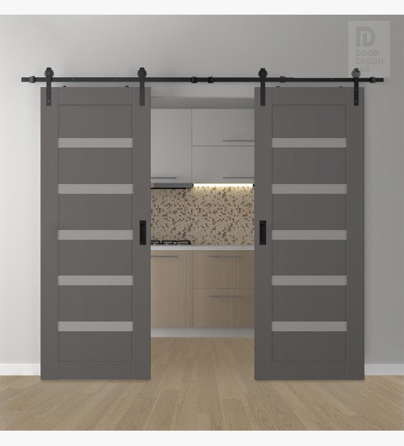 DOUBLE BARN DOOR AVON 07-04 VETRO GRAY MATTE 60" X 80" X 1 3/4" BLACK HARDWARE
