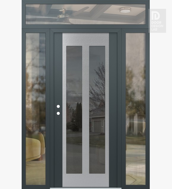 Modern Steel Front Door Diamond C14 68" x 96" anthracite/anthracite mirrored Glass Panel stainless steel RHI with 2 Sidelites and Transom clear Glass