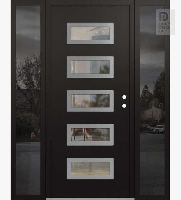 Modern Steel Front Door Diamond D1 68" x 80" black/black clear Glass Panel stainless steel LHI with 2 Sidelites mirrored Glass