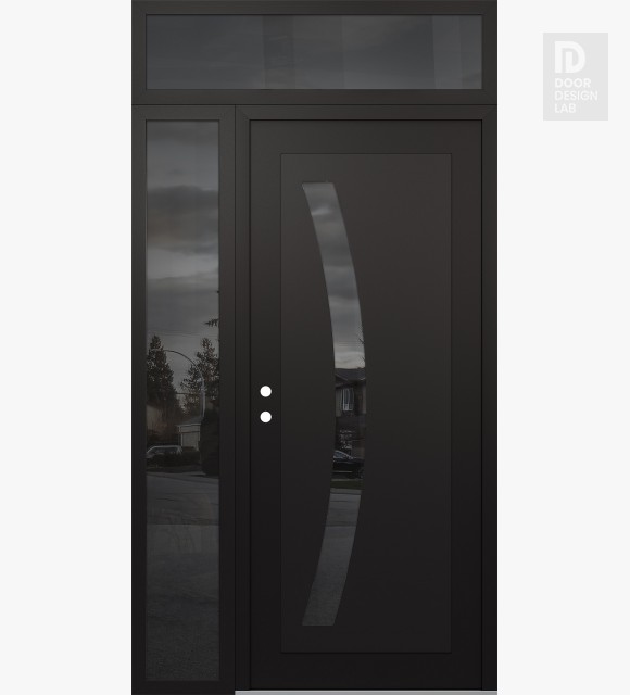 Modern Steel Front Door Diamond C4 52" x 96" black/black mirrored Glass Panel black RHI with Sidelite and Transom mirrored Glass