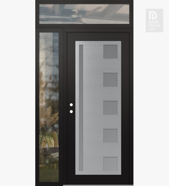 Modern Steel Front Door Diamond C3 50" x 96" black/white frosted Glass Panel stainless steel RHI with Sidelite and Transom clear Glass