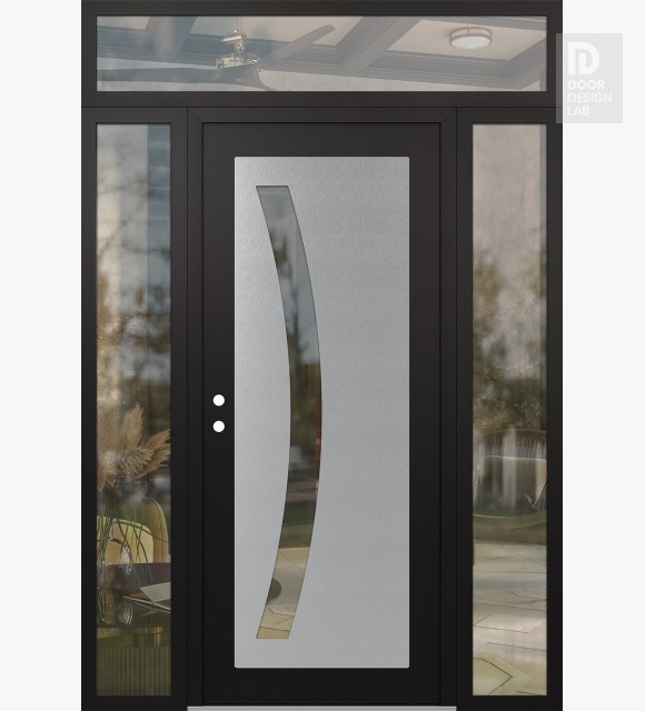 Modern Steel Front Door Diamond C4 68" x 96" black/black clear Glass Panel stainless steel RHI with 2 Sidelites and Transom clear Glass