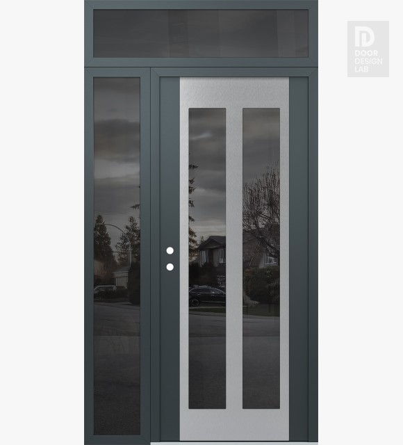 Modern Steel Front Door Diamond C14 50" x 96" anthracite/anthracite mirrored Glass Panel stainless steel RHI with Sidelite and Transom mirrored Glass
