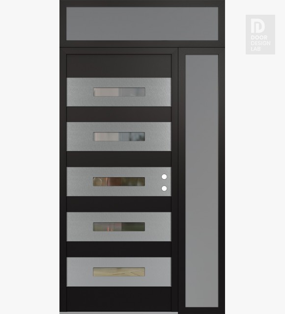 Modern Steel Front Door Diamond D9 50" x 96" black/black clear Glass Panel stainless steel LHI with Sidelite and Transom frosted Glass