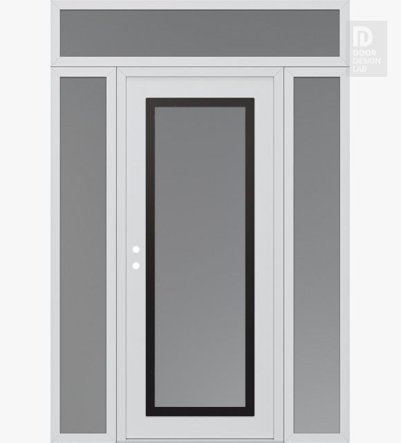 Modern Steel Front Door Diamond C1 60" x 96" white/white frosted Glass Panel black RHI with 2 Sidelites and Transom frosted Glass