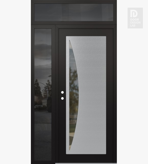 Modern Steel Front Door Diamond C13 48" x 96" black/black clear Glass Panel stainless steel RHI with Sidelite and Transom mirrored Glass