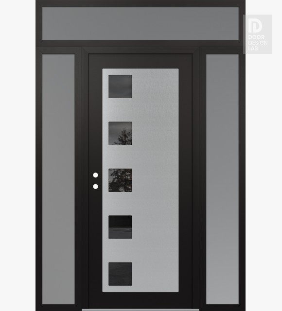Modern Steel Front Door Diamond C5 68" x 96" black/black mirrored Glass Panel stainless steel RHI with 2 Sidelites and Transom frosted Glass